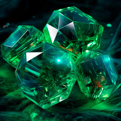 Brilliant green emeralds close-up. Emeralds for jewelry glow in the dark. Gems. Green crystals. Crystal clear green emeralds stones. Jewelry. Generative ai.