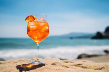 Aperol spritz on a white sandy beach with a sea view and space for text