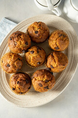 Chocolate chip muffins in a plate, home made pastry dessert, top view
