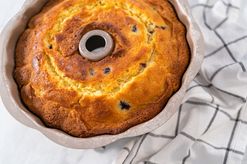 Lemon blueberry bundt cake with powdered sugar dusting
