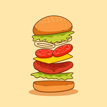 flying ingredient of burger fast food illustration with beef meat, cheese sheet, onion slice, tomato, lettuce and bun bread sandwich