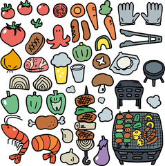 バーベキューをイメージした食材など小物のカラーイラストセット