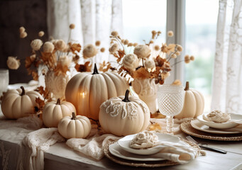 Autumn table scape with mini white pumpkins , ceramic plates, candles and napkins, AI Generated