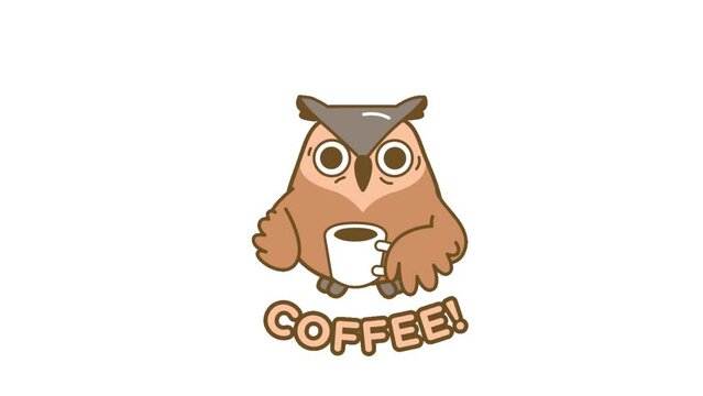 Cartoon Brown Owl with Coffee Typography animation background, green screen