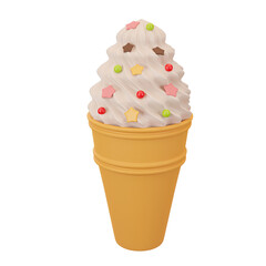 3D render of ice cream in a cone with buttercream and sprinkles. Fast food. Sweet food, summer dessert. Bright Illustration in cartoon, plastic, clay 3D style. Isolated on a white background