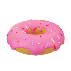 3D render of a donut with pink icing and sprinkling. Fast food. Sweet food, pastries, dessert. Bright Illustration in cartoon, plastic, clay 3D style. Isolated on a white background