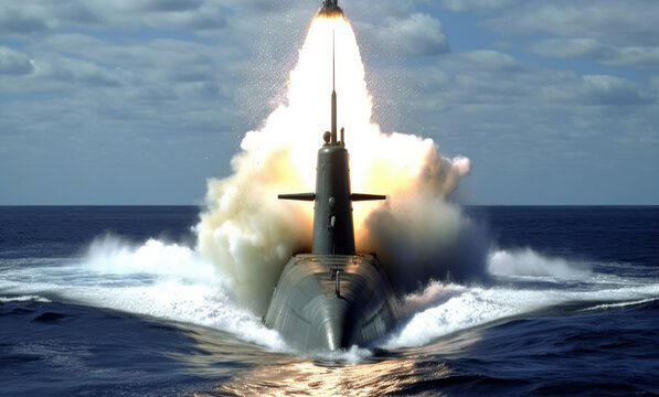 An image of a submarine launching balistic missile , showcasing its offensive capabilities and the intensity of naval warfare. Generative Ai