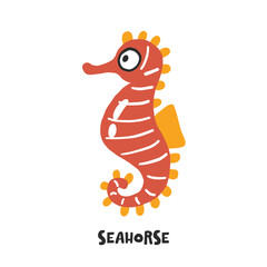 Seahorse. Hand drawn vector cartoon illustration for kids. Amusing Sea Animal