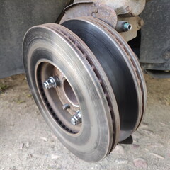 Double car brake discs on wheel hub. Brakes runout repair
