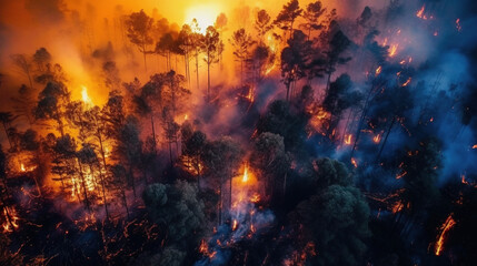 Fototapeta na wymiar Fire in the forest, aerial view. AI