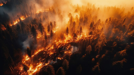 Fire in the forest, aerial view. AI