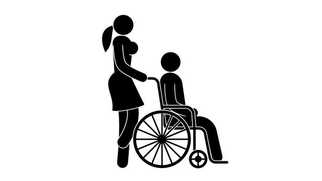 Woman pushing a wheelchair with Person with Physical disabilities. Animation with alpha channel