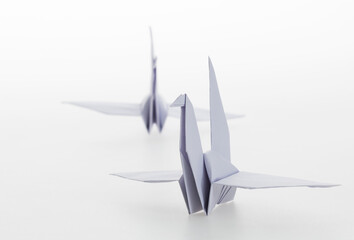 White origami paper cranes on white background