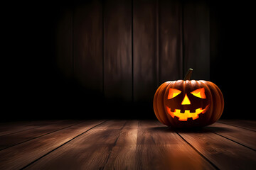 Halloween background with a Jack o Lantern with a glowing face, generative AI
