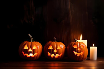 Obraz premium Halloween background with Jack o Lanterns with glowing faces, generative AI