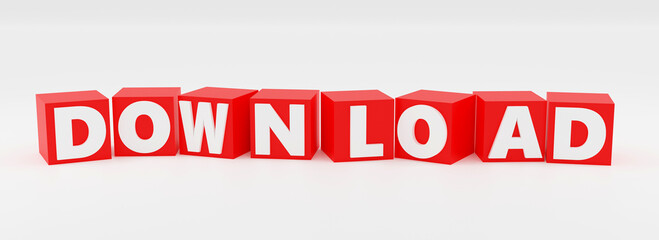 Bright red cubes on white background saying Download