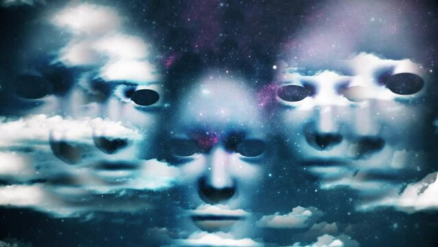 Surreal faces float among clouds