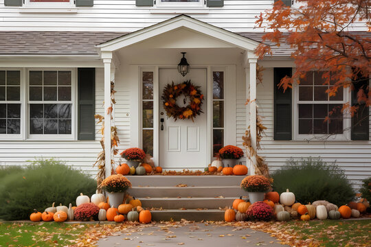 Cute and cozy cottage with fall decorations, pumpkins on the porch and a wreath, generative AI
