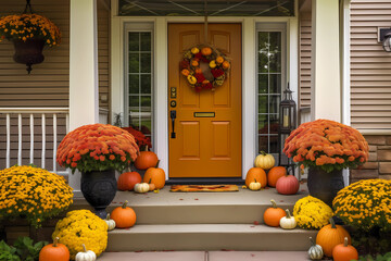 Cute and cozy cottage with fall decorations, pumpkins on the front porch and a wreath, generative AI