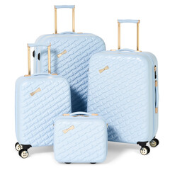 Luxury large blue luggage suitcases  isolated on white background with clipping path. Top view. Creative shot for travelling concept, Copy Space. Carry on spinner.