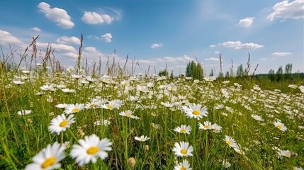 Obraz premium Cloudy blue sky, green grass, wild meadow flowers and daisy field. Natural landscape with copy space. Generative ai