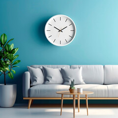 Interior of modern living room with white sofa and round clock. 3d render