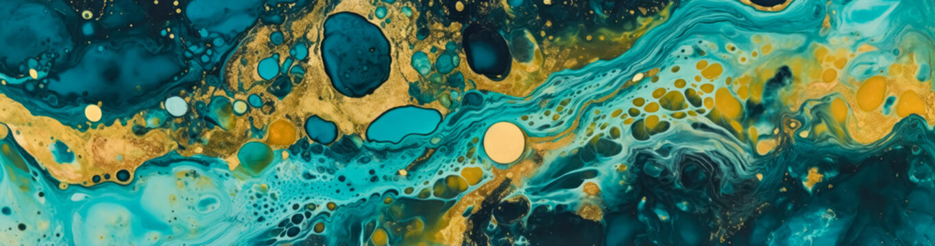 Turquoise & bronze abstract marble floor painting for weddings, organic biomorphic forms, dark indigo and yellow, aerial view. Generative Ai Illustration. © Saulo Collado