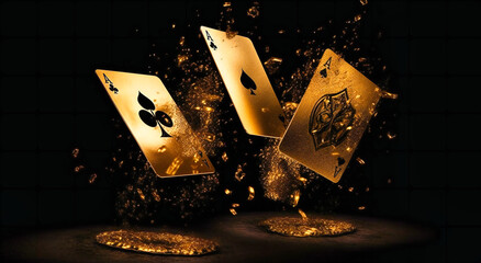 three gold casino cards are shown in the air around a black background
