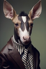 Portrait of baby okapi in a business suit. Generative AI
