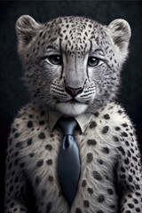 Portrait of baby snow leopard in a business suit. Generative AI
