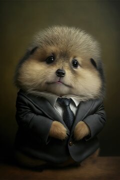 Portrait of baby lemming in a business suit. Generative AI
