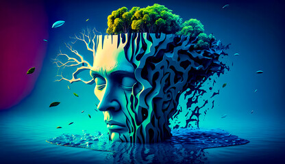 Man's head in the water with trees growing out of it. Generative AI.