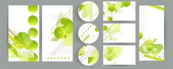Set of Banners summer ecology white background poster triangle vector futuristic light minimal geometric. Green and yellow lines and points
