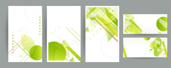 Set of Banners summer ecology white background poster triangle vector futuristic light minimal geometric. Green and yellow lines and points