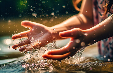 young girl hand in water as someone holds hands to stop water