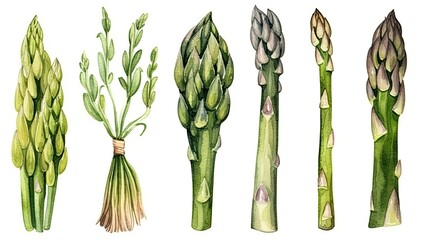 160. Set of watercolor asparagus vegetables on white background. Generative AI