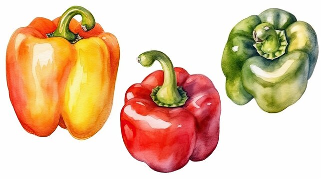 162. Set of watercolor bell pepper vegetables on white background. Generative AI