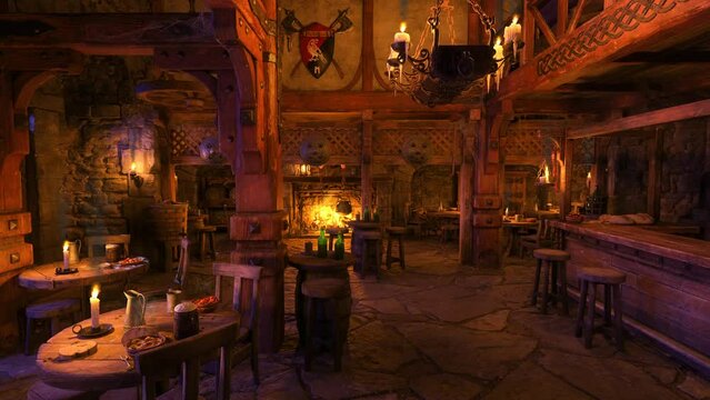 Atmospheric bar in an old medieval tavern inn with flickering candle flames and burning fire. 3D animation.