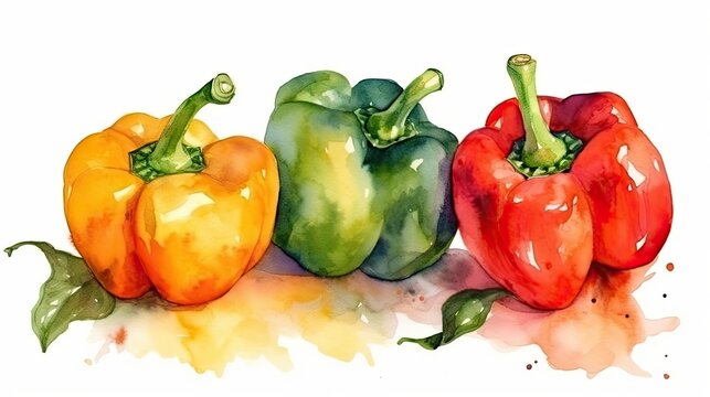 163. Set of watercolor bell pepper vegetables on white background. Generative AI