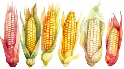 169. Set of watercolor corn vegetables on white background. Generative AI