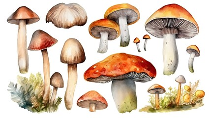 175. Set of watercolor mushroom vegetables on white background. Generative AI