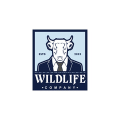 Cow Buffalo Businessman Label For Company Logo, Livestock, Film Director. Illustration of the Head of a Cow, Buffalo, Bull Wearing an Office Suit