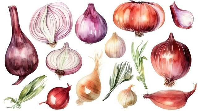 177. Set of watercolor onion vegetables on white background. Generative AI