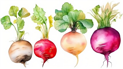 185. Set of watercolor radish vegetables on on white background. Generative AI