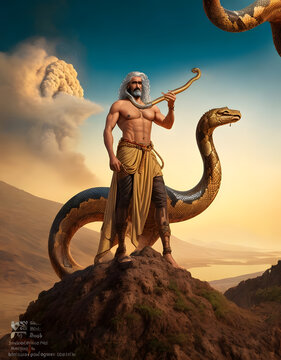  A hyper-realistic, middle-aged Arab man with an ancient serpent - Generative AI