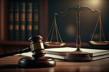 Wooden gavel and scales of justice on wooden table. Law and justice concept