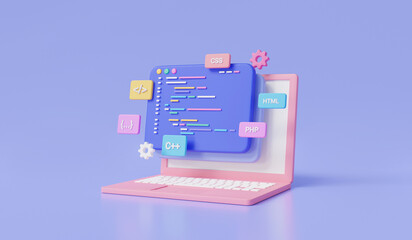 Web development concept. Creation digital Software on web via laptop, Programming and engineering development, coding and programming language, software developer. 3d minimal render illustration
