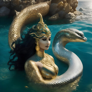 Mystical Naagin: Graceful Serpent Shapeshifter in the Vast Open Sea  - Generative AI