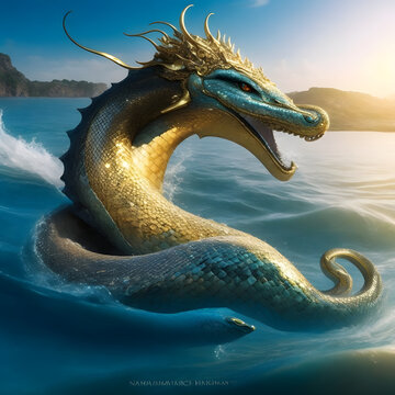 Majestic Depths: Hyper Realistic Dragon Emerges from the Sea - Generative AI