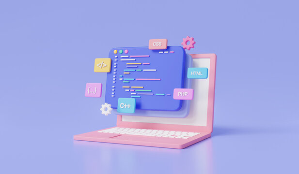 Web development concept. Creation digital Software on web via laptop, Programming and engineering development, coding and programming language, software developer. 3d minimal render illustration